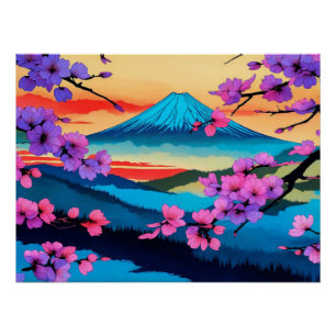 Mt. Fuji and Sakura Blossom Scenic Art Poster