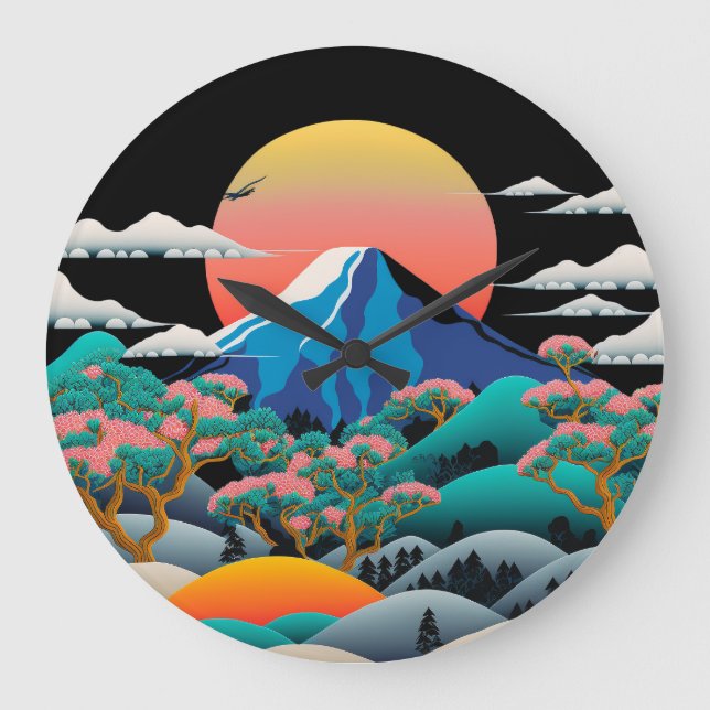 Mt Fuji Sunset and Cherry Blossoms Large Clock (Front)