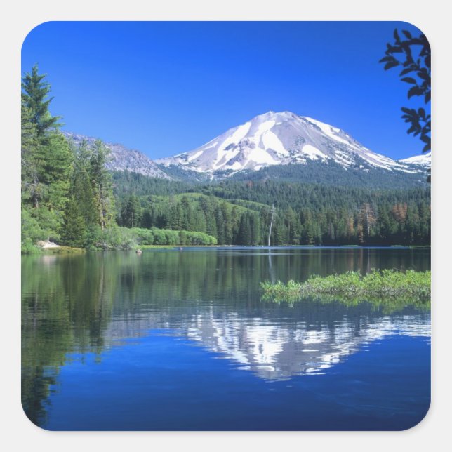 Mt. Lassen rises above Manzanita Lake Square Sticker (Front)