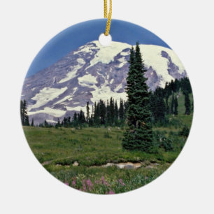 Mt. Rainer, Washington Red flowers Ceramic Tree Decoration