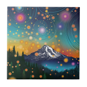 Mt. Rainier Evening Starry Sky and Fireflies Ceramic Tile