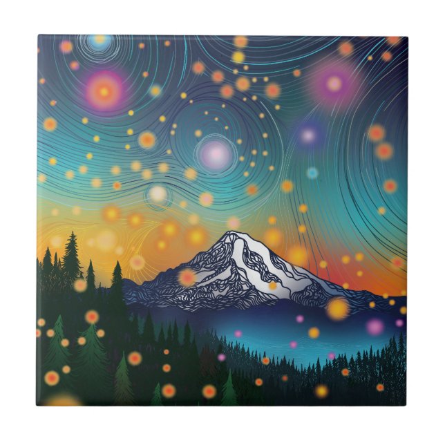 Mt. Rainier Evening Starry Sky and Fireflies Ceramic Tile (Front)
