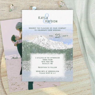 Mt. Rainier, Falling Snow Winter Wedding Invitation