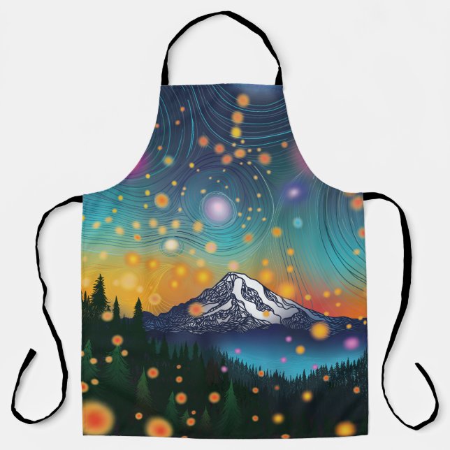 Mt. Rainier w Evening Starry Sky and Fireflies Apron (Front)