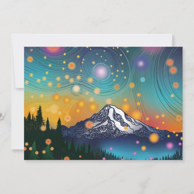 Mt. Rainier w Evening Starry Sky and Fireflies Holiday Card (Front)