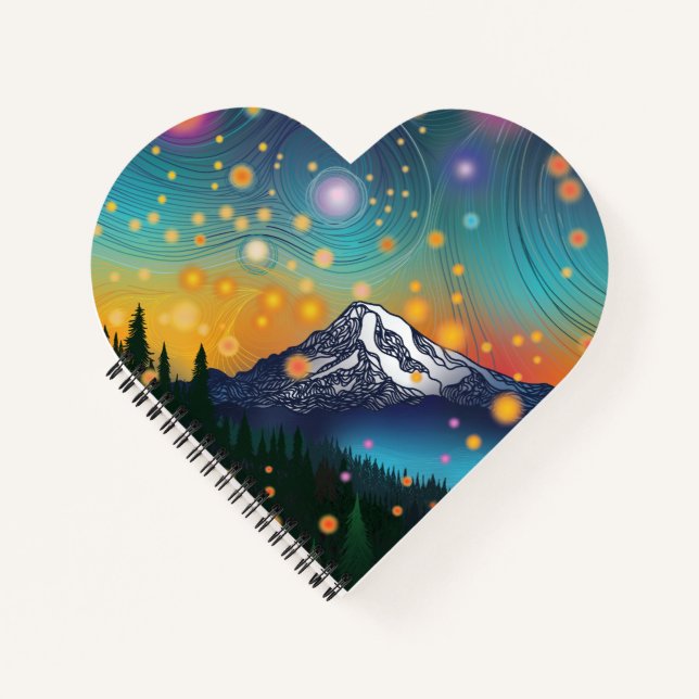 Mt. Rainier w Evening Starry Sky and Fireflies Notebook (Front)