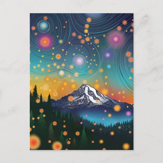 Mt. Rainier w Evening Starry Sky and Fireflies Postcard (Front)