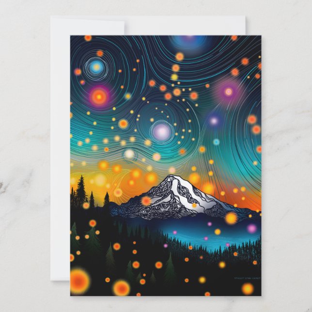 Mt. Rainier w Evening Starry Sky and Wildflowers Holiday Card (Front)