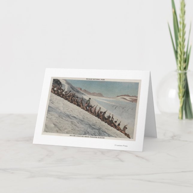 Mt. Rainier, WA - Line of People Sledding in Holiday Card (Front)