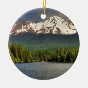 MT SHASTA FROM LAKE SISKIYOU CERAMIC TREE DECORATION