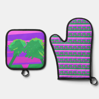 Mt. Sunset Pink Green Purple Oven Mitt & Pot Holder Set