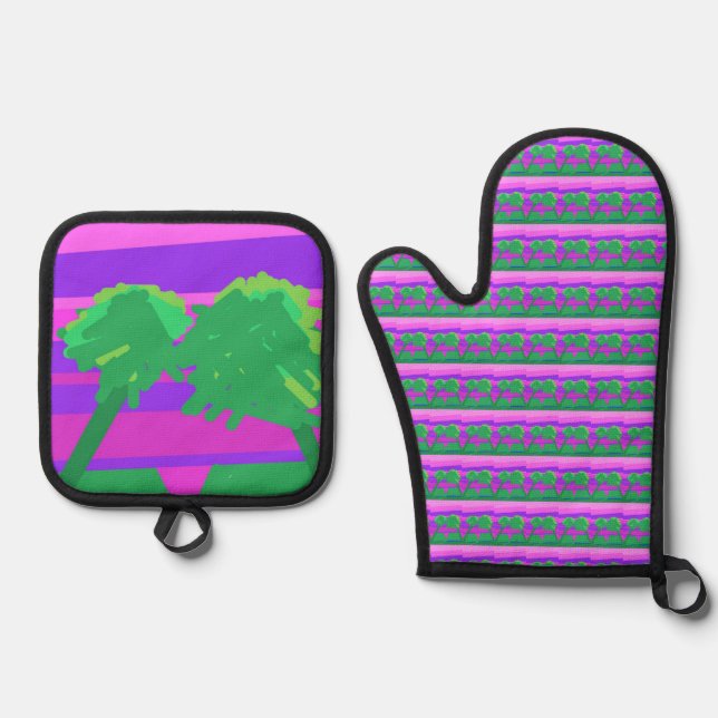 Mt. Sunset Pink Green Purple  Oven Mitt & Pot Holder Set (Front)