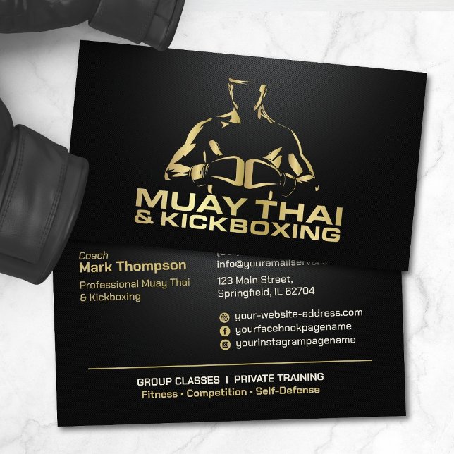 Muay Thai and Kickboxing Coach - Black and Gold Business Card (Creator Uploaded)
