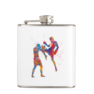 Muay thai fighter in watercolor hip flask