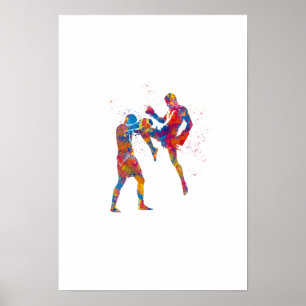 Muay thai fighter in watercolor poster