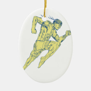 Muay Thai Fighter Kicking Side Drawing Ceramic Ornament