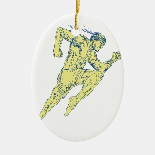 Muay Thai Fighter Kicking Side Drawing Ceramic Ornament (Front)