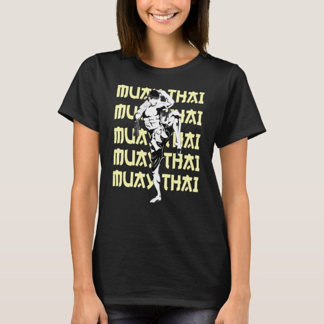 Muay Thai Fighter Repeating Text Checking Kick Mma T-Shirt (Front)