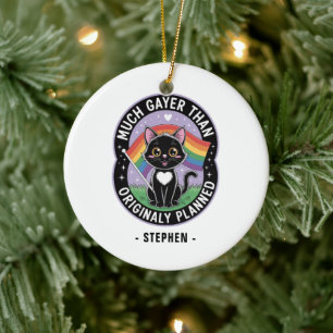 Much Gayer – Funny Cute Black Cat LGBTQ Pride Ceramic Ornament