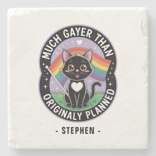 Much Gayer – Funny Cute Black Cat LGBTQ Pride Stone Coaster (Front)