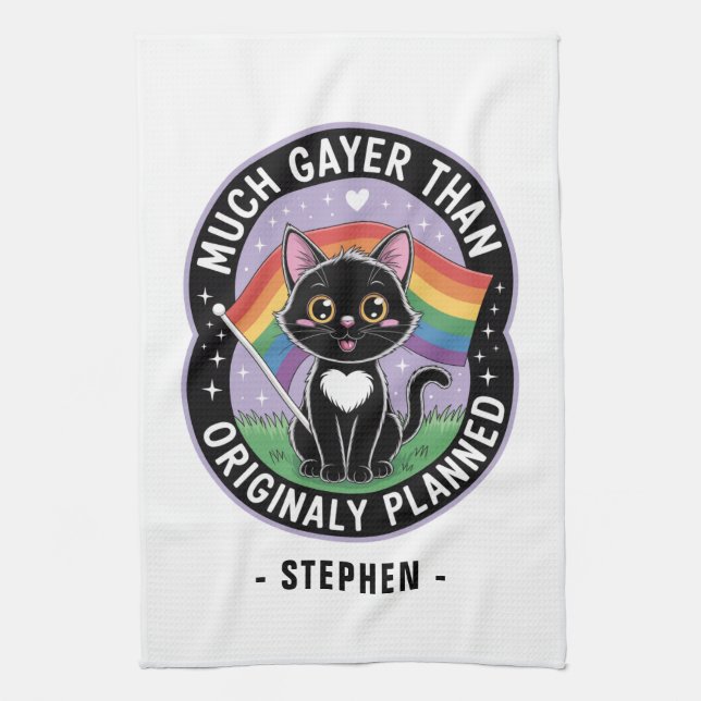 Much Gayer – Funny Cute Black Cat LGBTQ Pride Tea Towel (Vertical)