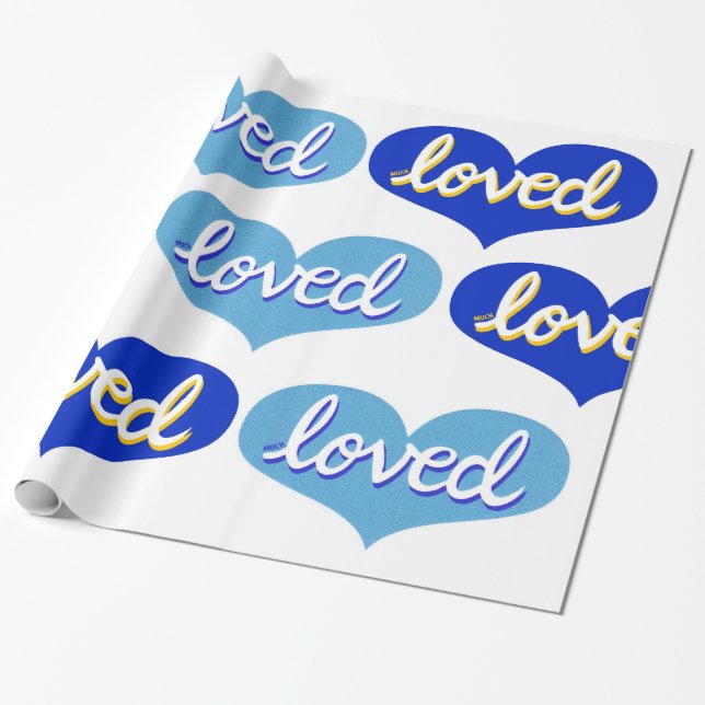 MUCH LOVED - Adored - Blue love hearts Wrapping Paper (Unrolled)