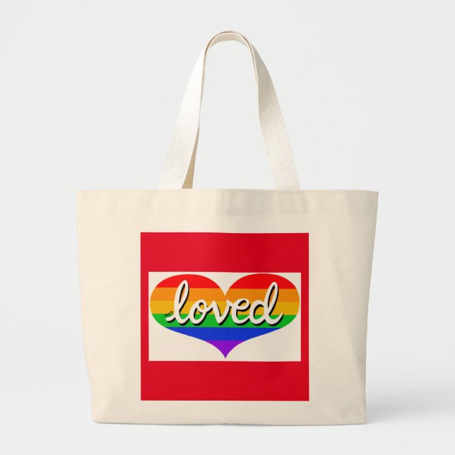MUCH LOVED  -Adored - Rainbow coloured  love heart Large Tote Bag (Front)