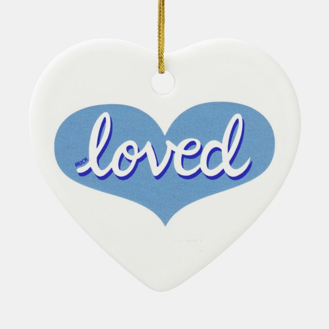 MUCH LOVED - Blue love heart Ceramic Ornament (Back)