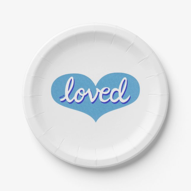 MUCH LOVED -Blue love heart Paper Plate (Front)