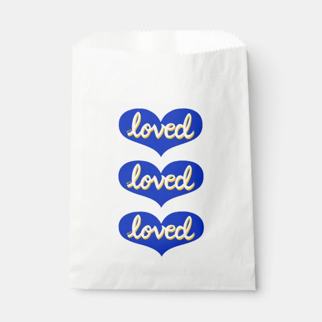 MUCH LOVED -Blue love hearts Favour Bag (Front)