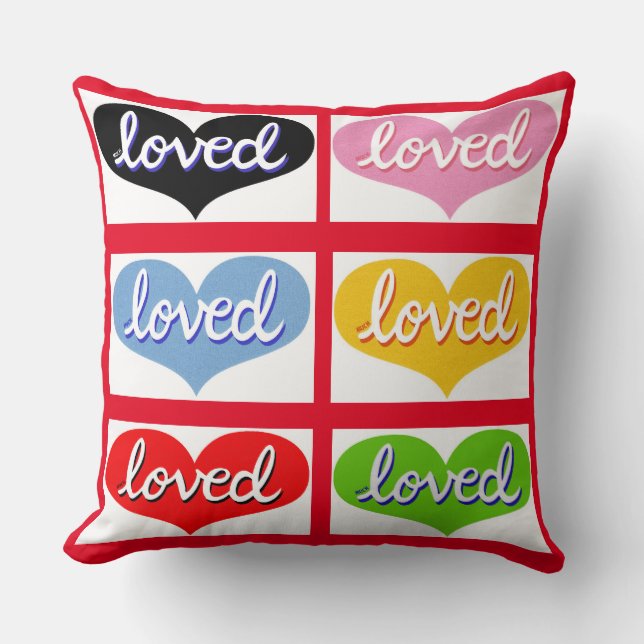 MUCH LOVED-  Multi-coloured love hearts- boy/girl Cushion (Front)