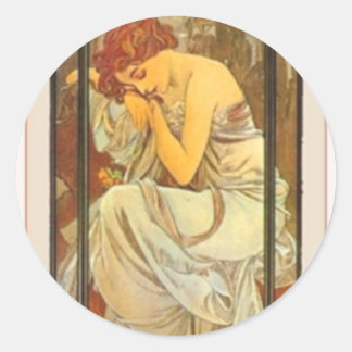 Mucha art deco poster lady female long dress classic round sticker