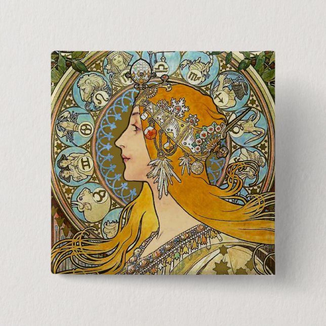 Mucha Art Nouveau Button -  Zodiac  - La Plume (Front)