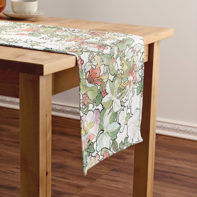Mucha Art Nouveau Hollyhock Flowers Table Runner (In Situ)