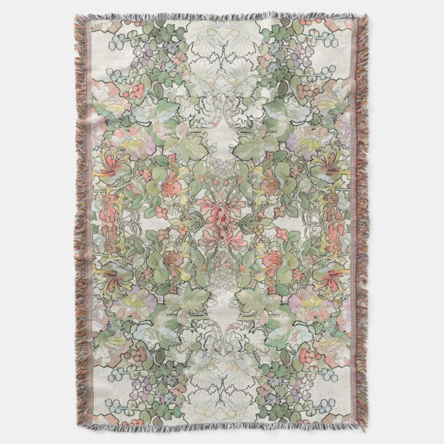 Mucha Art Nouveau Hollyhock Flowers Throw Blanket (Front Vertical)