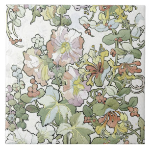 Mucha Art Nouveau Hollyhocks Floral Tile