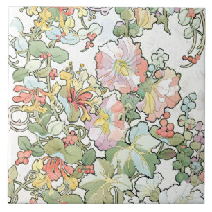 Mucha Art Nouveau Hollyhocks Floral Tile