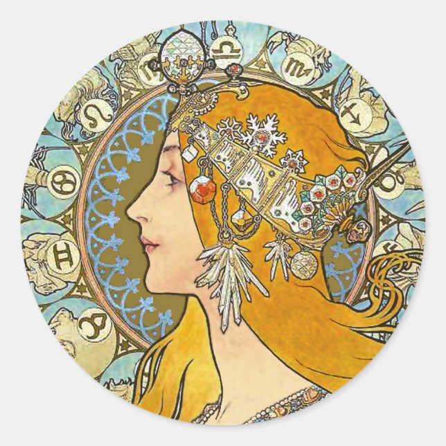 Mucha Art Nouveau Poster -  Zodiac  - La Plume Classic Round Sticker (Front)