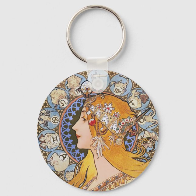 Mucha Art Nouveau Poster -  Zodiac  - La Plume Key Ring (Front)