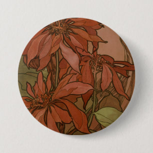 Mucha Art Nouveau Red Poinsettia Floral Pattern 7.5 Cm Round Badge
