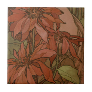 Mucha Art Nouveau Red Poinsettia Floral Pattern Ceramic Tile