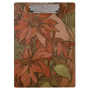 Mucha Art Nouveau Red Poinsettia Floral Pattern Clipboard