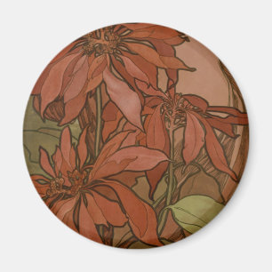 Mucha Art Nouveau Red Poinsettia Floral Pattern Magnet