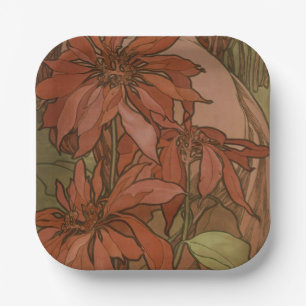 Mucha Art Nouveau Red Poinsettia Floral Pattern Paper Plate