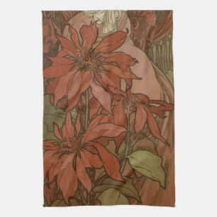 Mucha Art Nouveau Red Poinsettia Floral Pattern Tea Towel