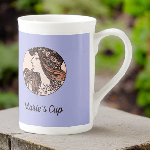 Mucha Art Nouveau Woman and Pink Flowers on Purple Bone China Mug