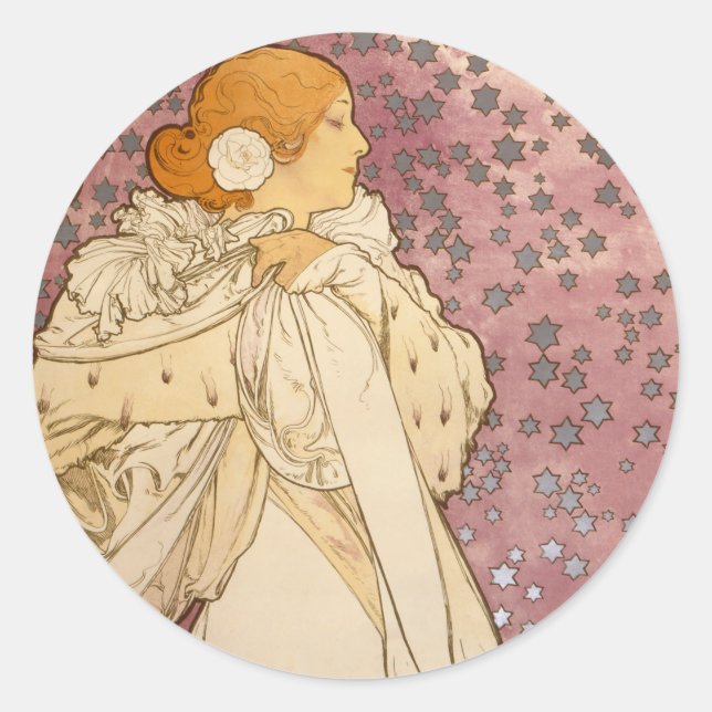 Mucha Art Nouveau Woman Beauty Classic Round Sticker (Front)