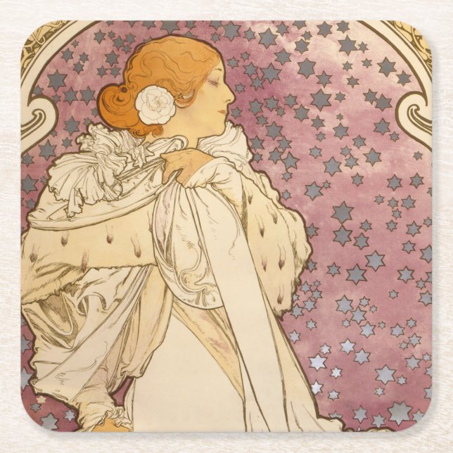 Mucha Art Nouveau Woman Beauty Square Paper Coaster (Front)