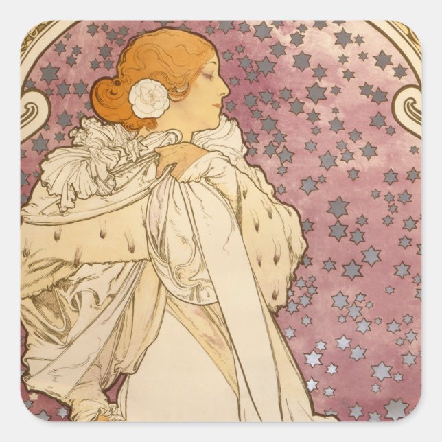 Mucha Art Nouveau Woman Beauty Square Sticker (Front)