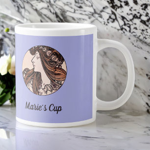 Mucha Art Nouveau Woman Pink Flowers on Purple Large Coffee Mug
